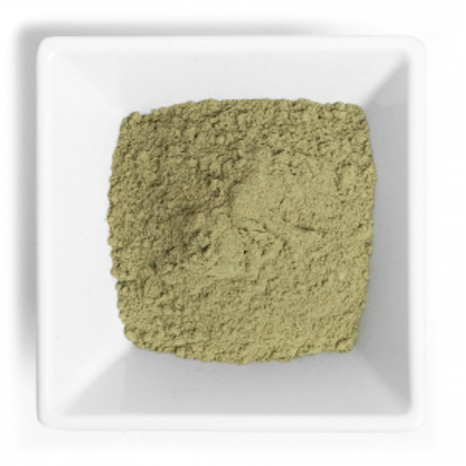 Photographic image depicting a Top Down View of a square bowl filled with Ultra Enhanced Indo Kratom Powder from Kraken Kratom