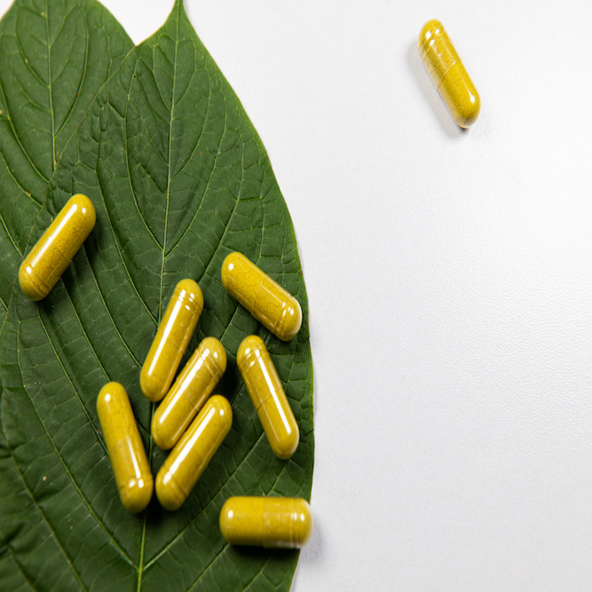 A photograhic image of two white-vein kratom leaves, and several kratom capsules scattered about the area