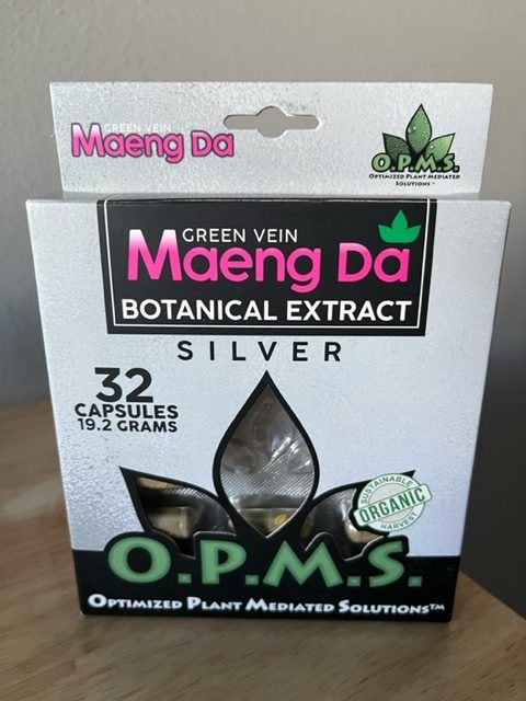 Featured image depicting a package of O.P.M.S brand (Silver) Green Maeng Da Kratom Capsules