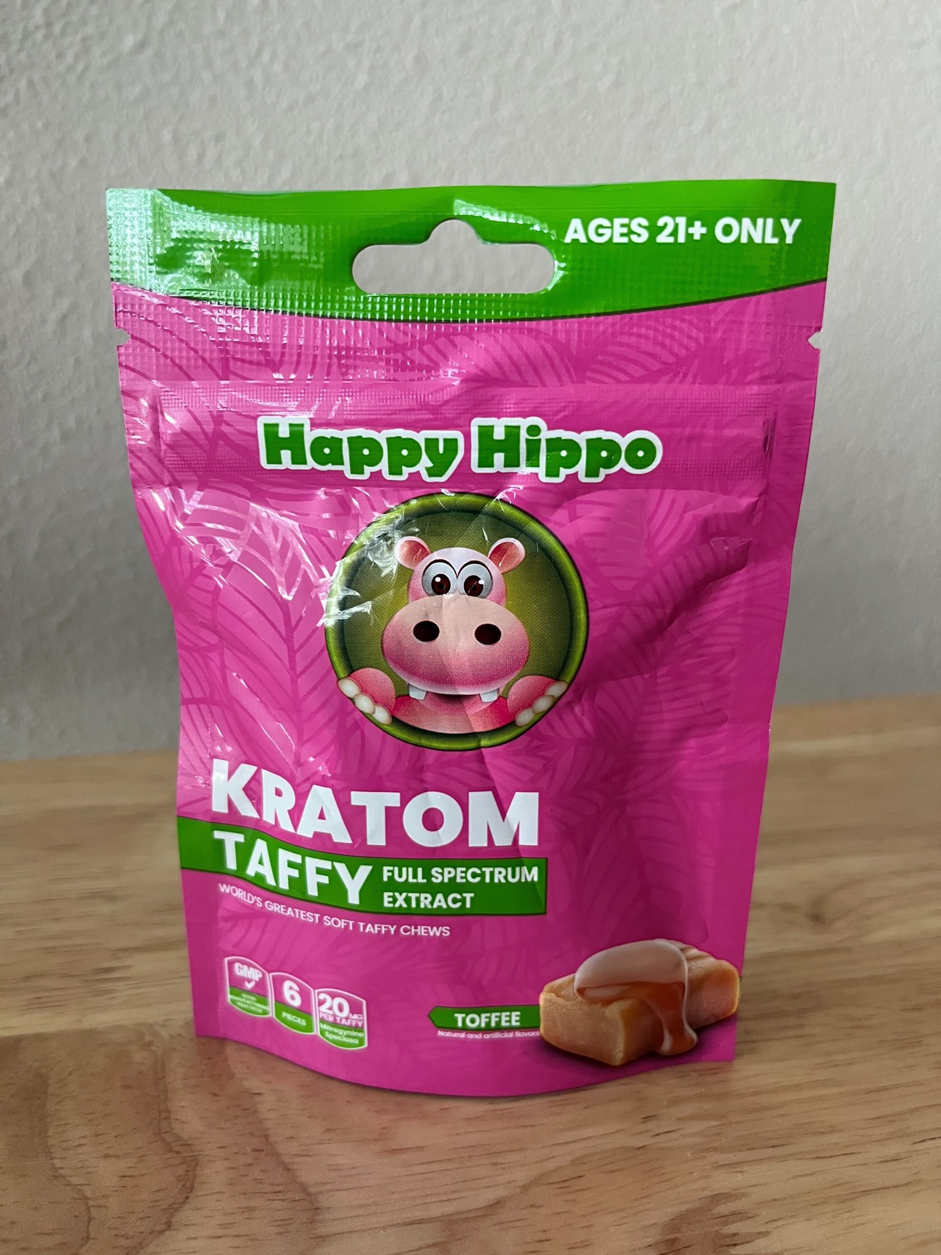 Featured image depicting a package of Happy Hippo Brand, Kratom extract (Toffee Flavored) Taffy Chews