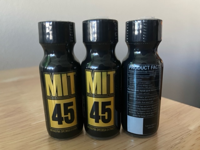 Featured image depicting 3 bottles of Mit45 Kratom Extract Tincture. Two of the bottles display their Mit45 branding while one bottle is turned to show its Product Facts panel.