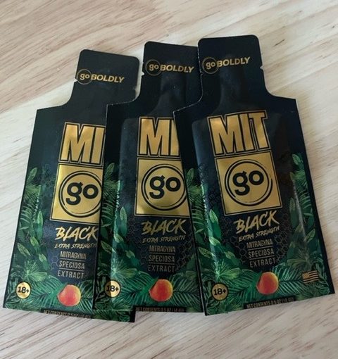 Featured image depicting 3 packets of MITgo Black Extra Strength Kratom Shot 0.5oz